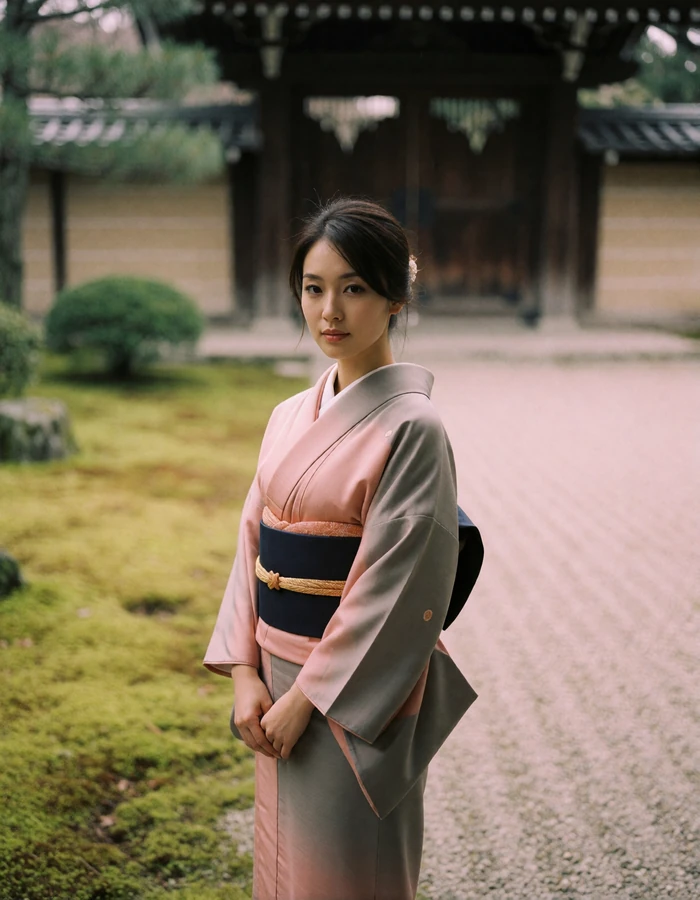 Japanese woman in a soft grey-pink kimono standing calmly in a quiet temple garden