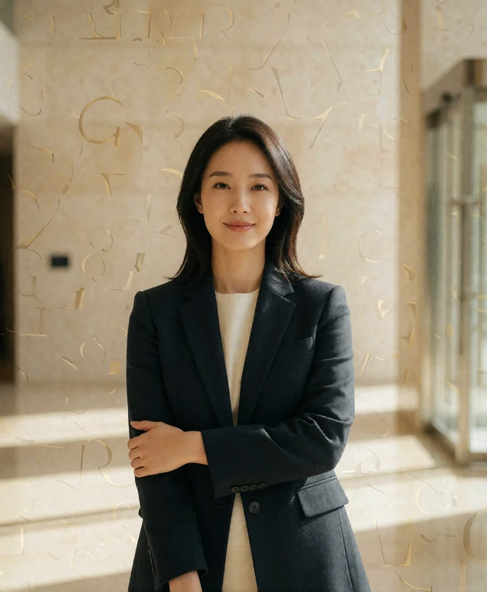 Poised Korean woman standing in a bright minimalist office lobby with a confident composed smile, wearing a charcoal blazer