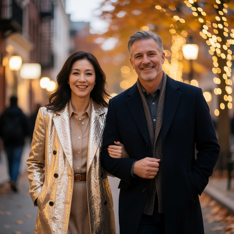 Korean woman and a Western man in their late thirties walking arm in arm along an evening city street, smiling toward the camera