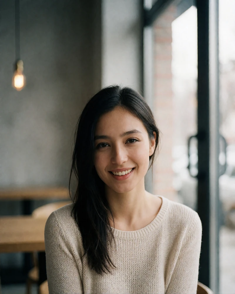 Young Kyrgyz woman with dark hair and a warm smile seated near a window in a bright minimal café