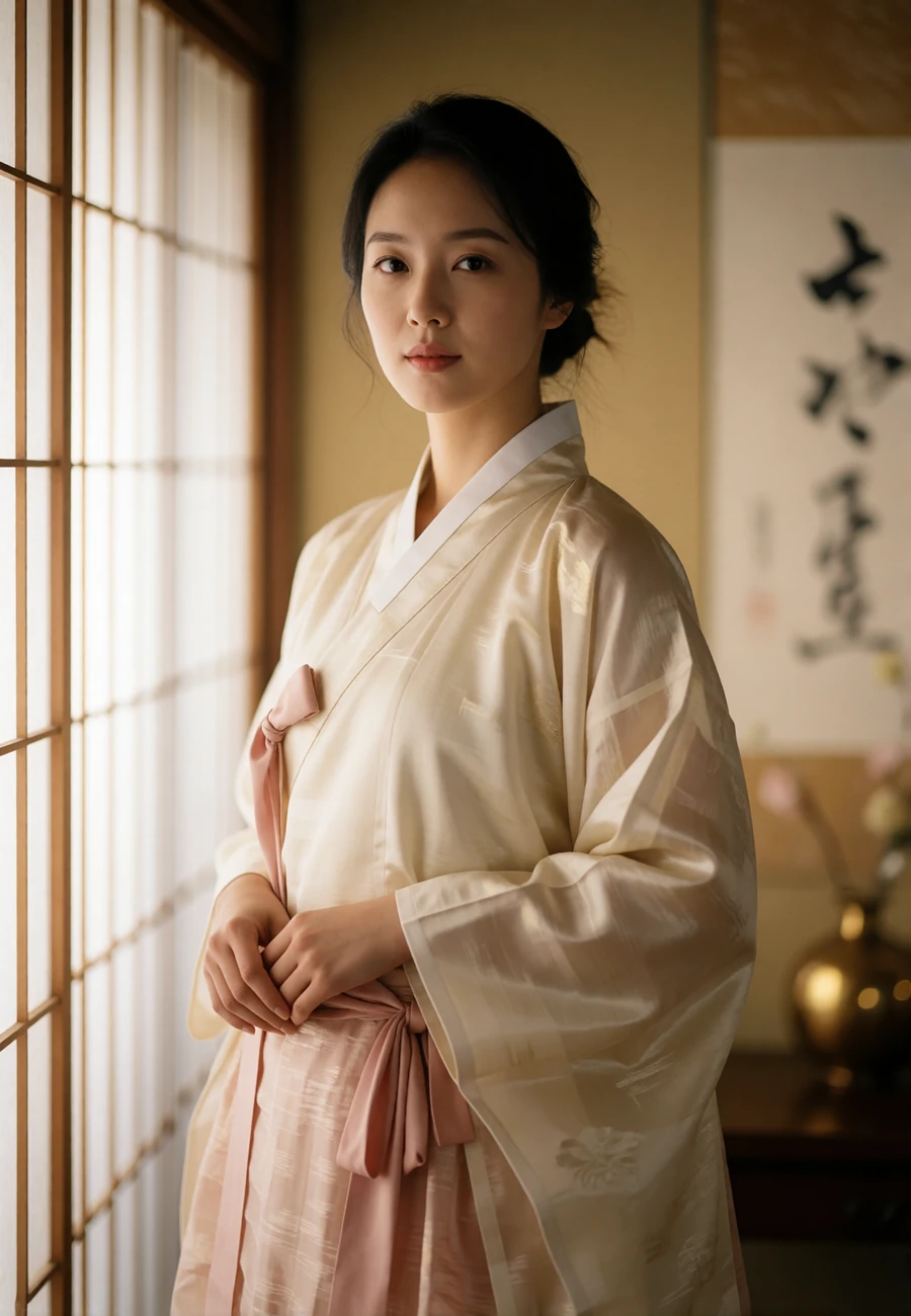 Korean woman in her early thirties wearing a softly draped ivory and pale rose wrap in a warm interior with paper-screen light