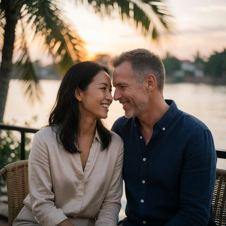 Laotian woman and a Western man in their forties seated together on a riverside terrace at sunset, leaning in and smiling