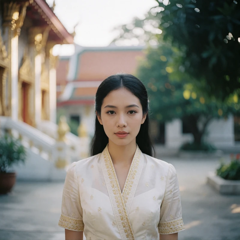 Thai woman standing serenely in a quiet temple courtyard in early morning light wearing an ivory blouse with gold trim