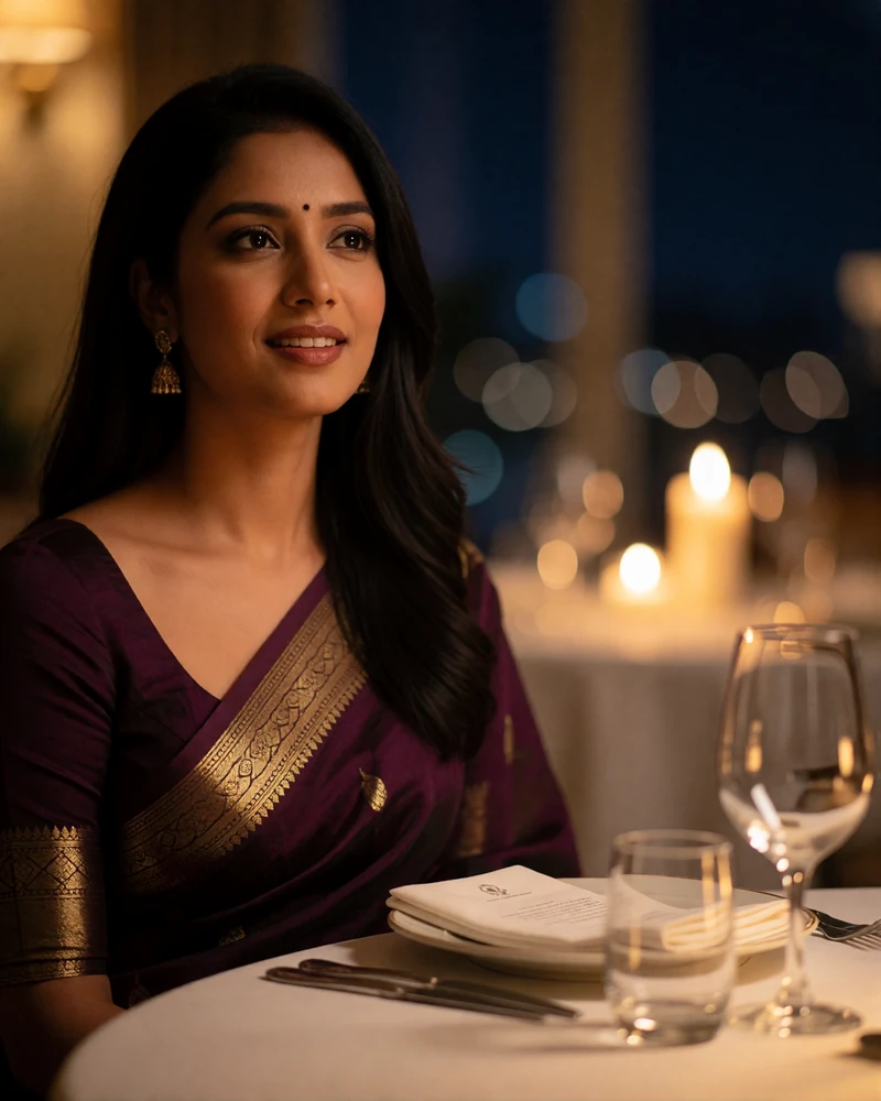 Elegant Bangladeshi woman seated at a fine-dining table wearing a deep plum saree with subtle gold thread