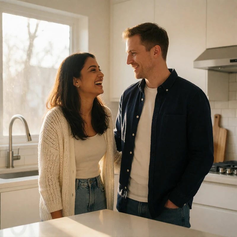 Bangladeshi woman laughing beside a Western man in a bright modern kitchen