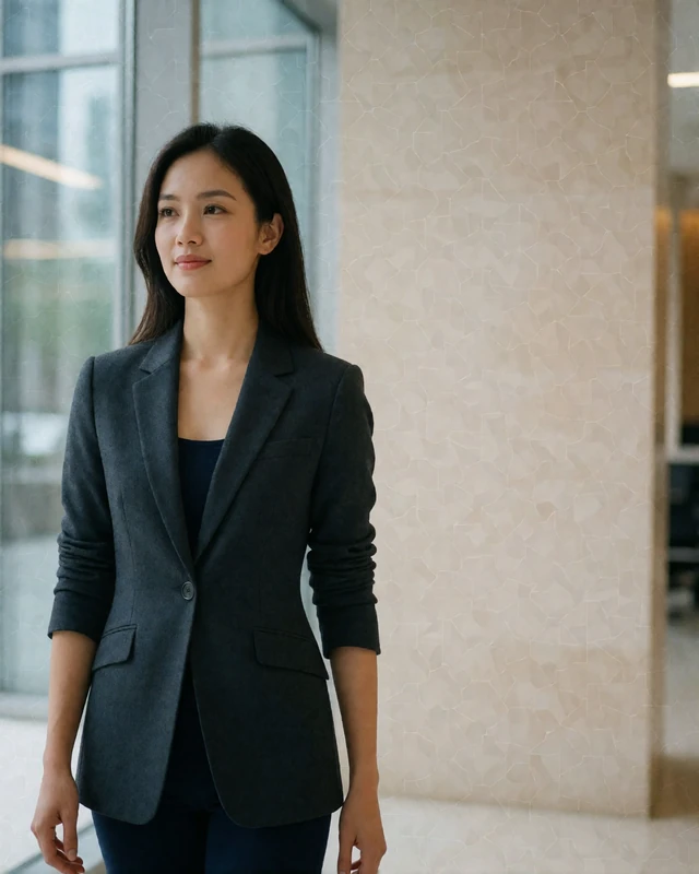 Vietnamese professional woman in a tailored blazer in a bright modern office lobby