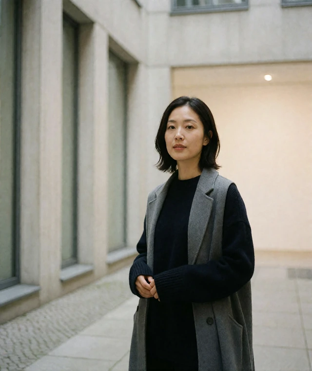 Modern Japanese woman in a black knit and gray coat standing in a bright Berlin gallery courtyard