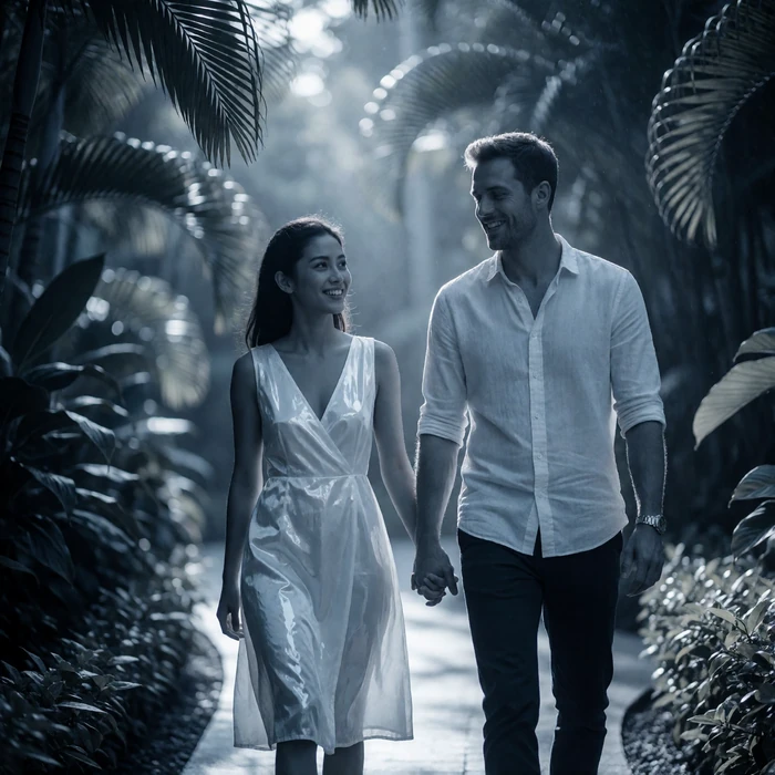 Singaporean woman and a Western man walking hand in hand along a lush garden path in soft morning light