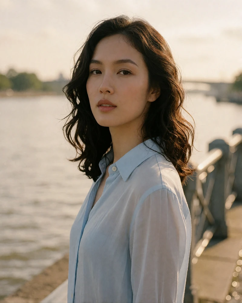 Vietnamese woman with wavy dark hair in a pale blue shirt on a riverside promenade at late afternoon