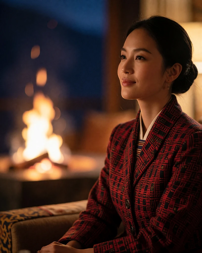 Elegant Bhutanese woman seated in a warm mountain lodge interior wearing a refined dark red woven jacket