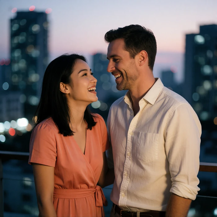 Malaysian woman in a soft coral dress laughing beside a Western man on an open rooftop terrace at dusk