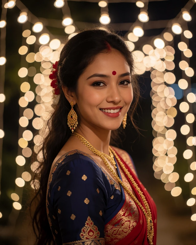 Graceful Nepalese woman in festive attire with gold jewellery and a red tilaka, turned three-quarter with a warm smile