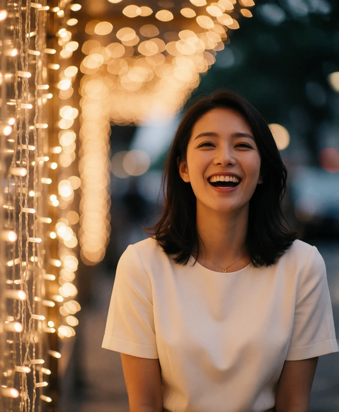 Taiwanese woman laughing naturally in a warm amber-lit evening setting with soft golden lights in the background