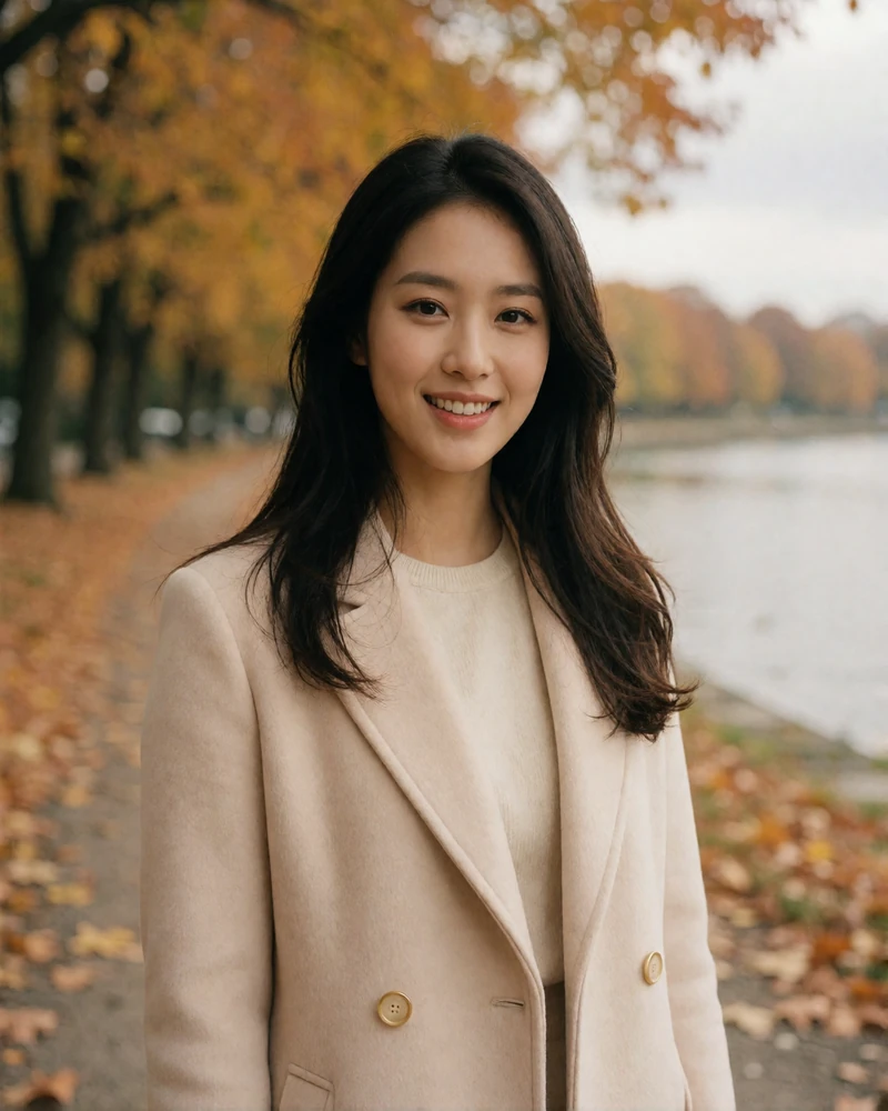 Smiling Korean woman in her late twenties in a pale beige coat on a riverside path with blurred autumn trees