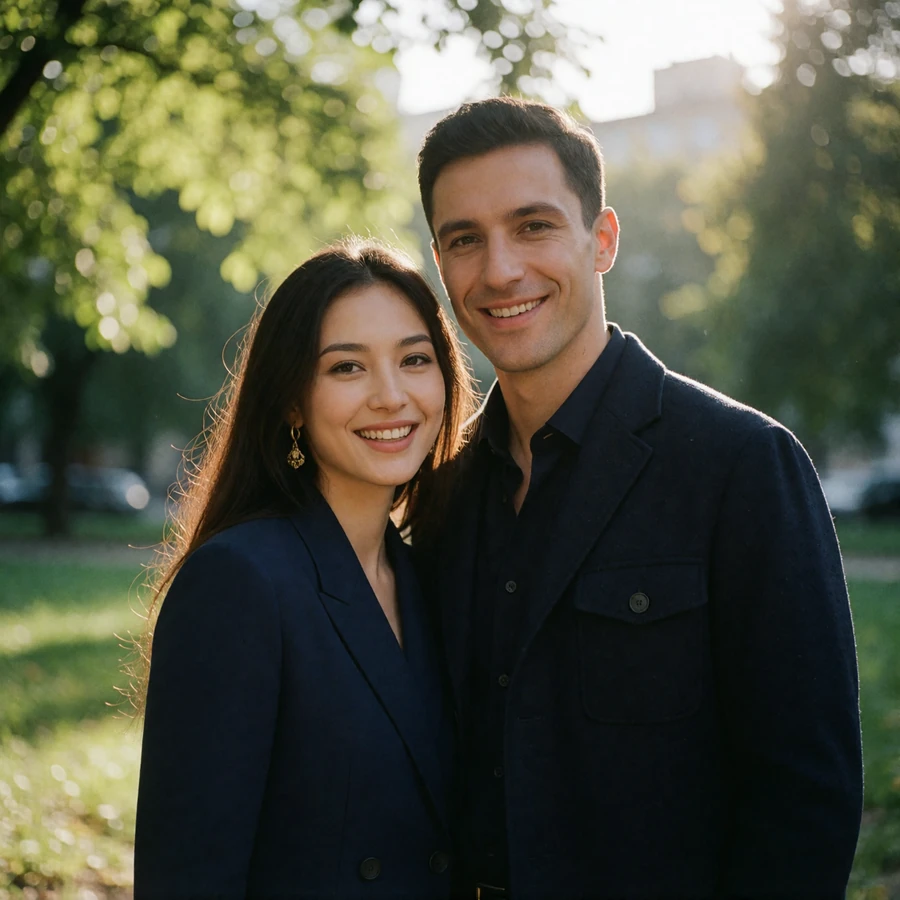 Kazakh woman with long dark hair and a Western man smiling together outdoors in a leafy city park