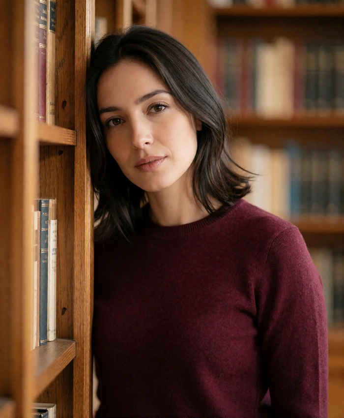 Poised Armenian woman in a burgundy knit sweater leaning against a wooden bookshelf
