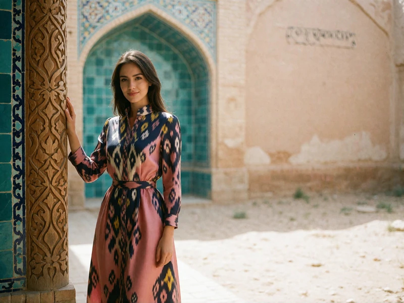 Uzbek woman in a patterned silk ikat dress standing in a sunlit courtyard beside a turquoise tiled archway