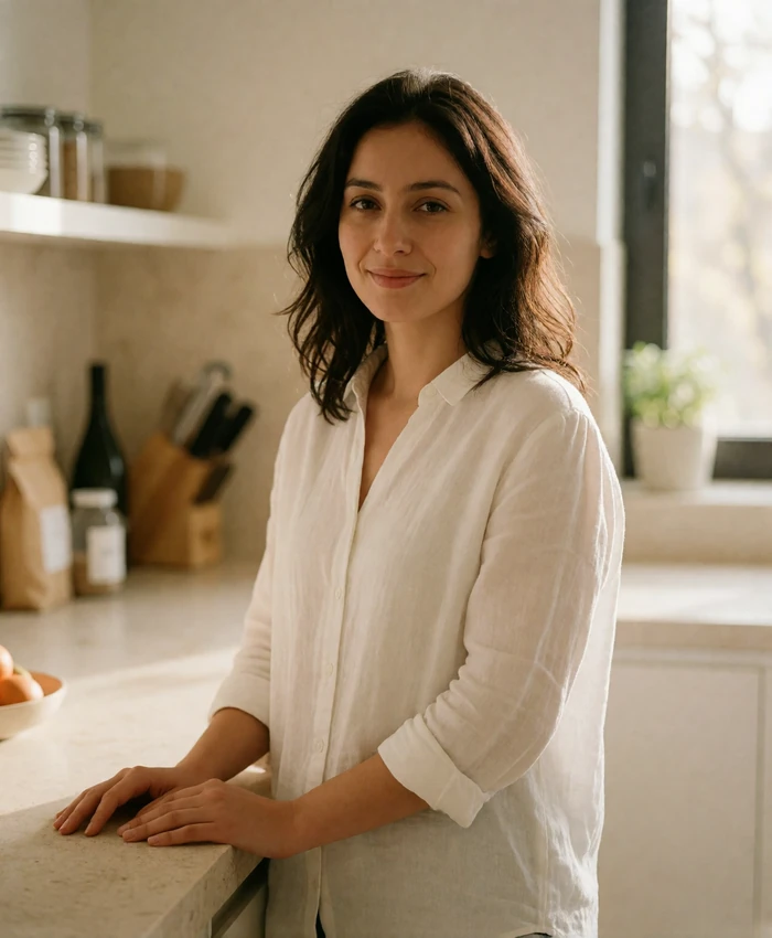Warm Armenian woman in a white linen shirt standing in a bright modern kitchen