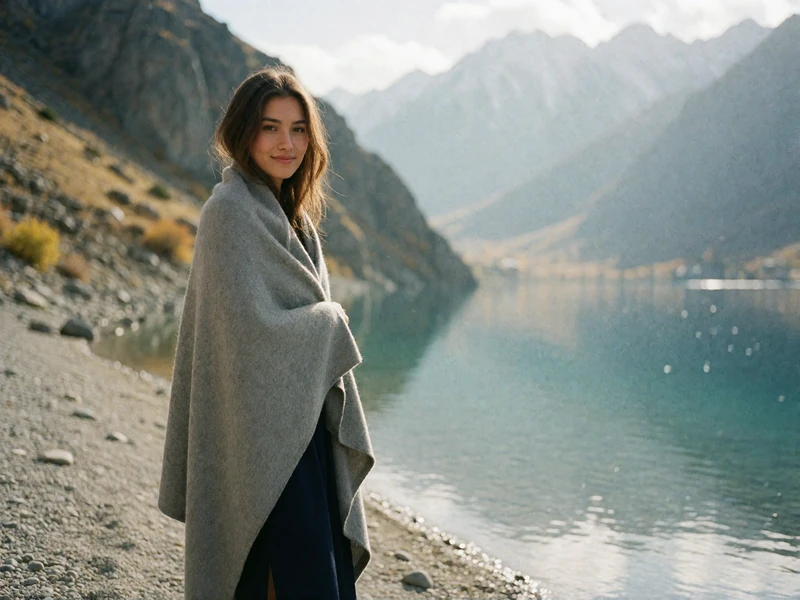 Kyrgyz woman in a grey wool wrap standing on the pebbled shore of an alpine lake with mountains behind
