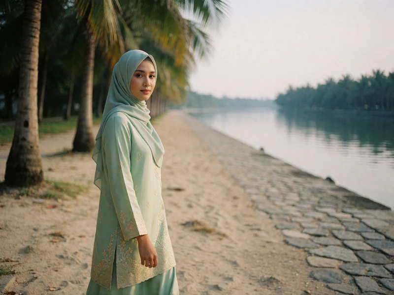 Bruneian woman in a pastel-green baju walking along a quiet palm-lined riverside promenade