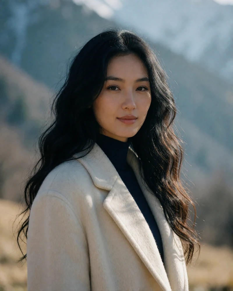 Kyrgyz woman with long wavy hair standing outdoors in cool mountain daylight with a calm confident smile