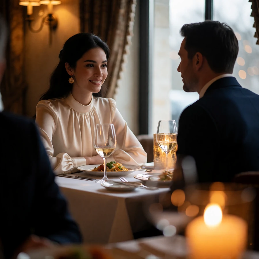 Tajik woman in an elegant blouse smiling across a candlelit table at a Western man during dinner