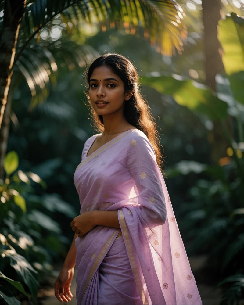Graceful Sri Lankan woman in a soft lilac saree walking through a shaded tropical garden