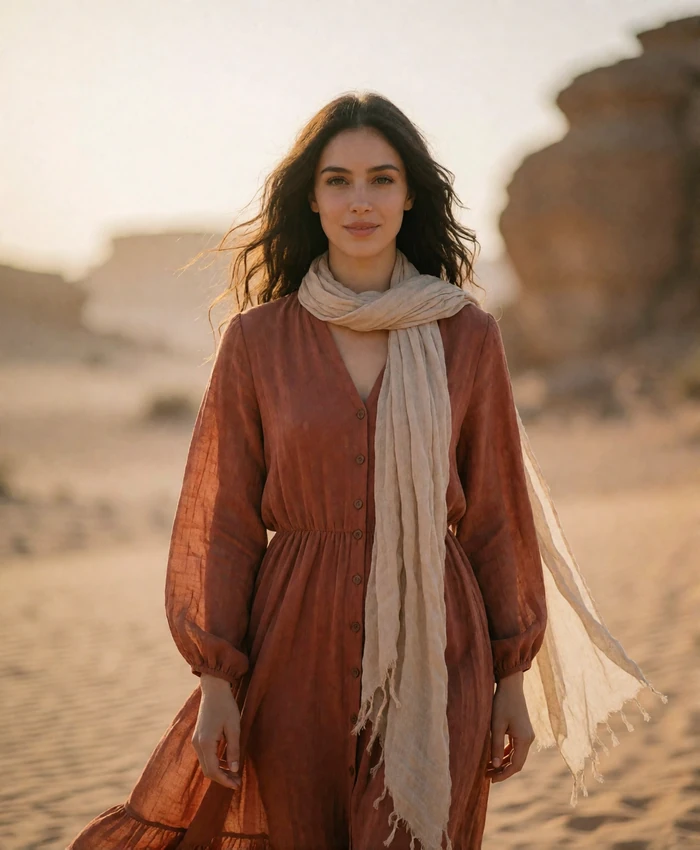 Graceful Jordanian woman in a rust-colored dress standing in golden-hour desert light