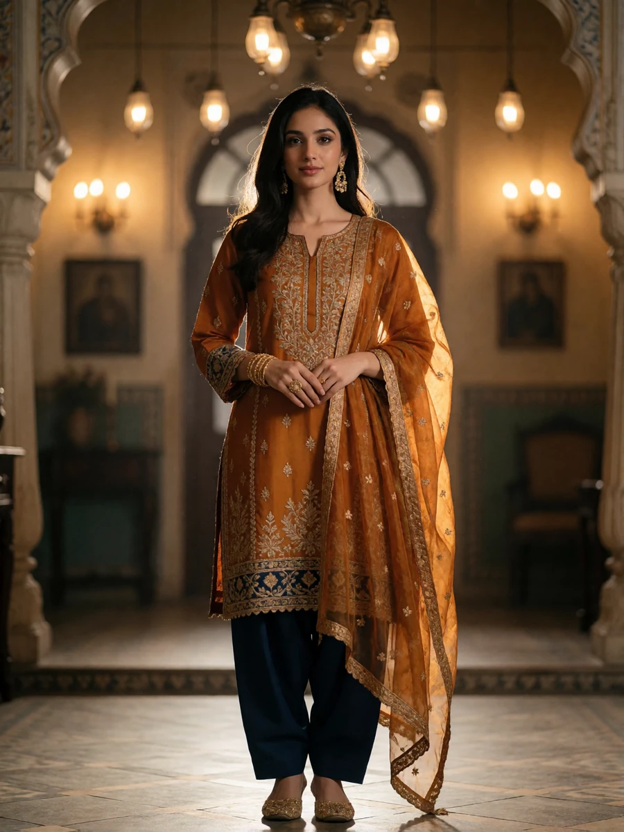 Elegant Pakistani woman in an amber embroidered shalwar kameez and flowing dupatta standing in a warmly lit heritage interior