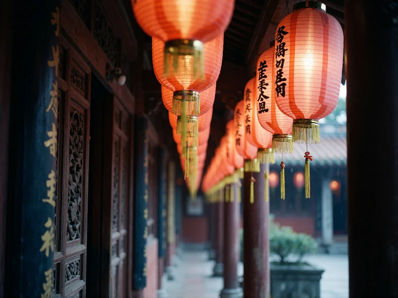 Warmly lit red lanterns lining a narrow Taiwanese temple corridor at evening