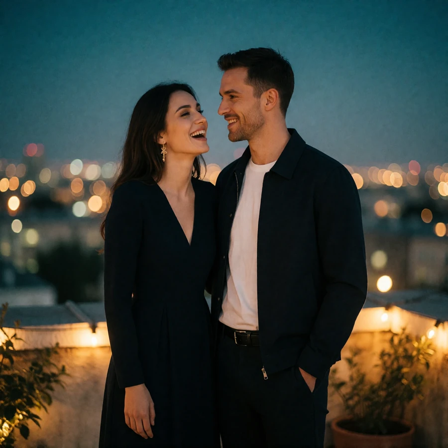 Turkmen woman in a dark elegant dress laughing beside a Western man on a rooftop terrace at dusk with city lights behind them