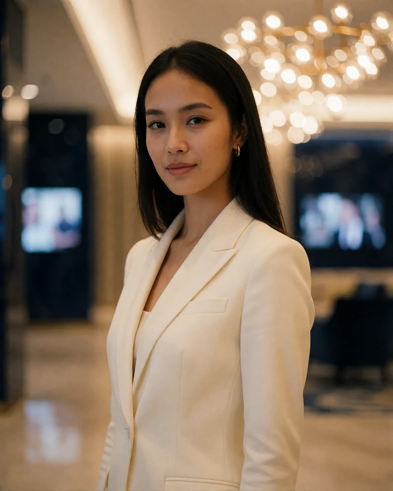 Malaysian woman in her mid-twenties in a fitted cream blazer smiling in a warmly lit hotel lobby