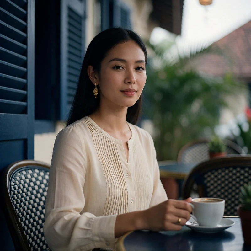 Laotian woman seated on a shaded café terrace with a relaxed thoughtful expression