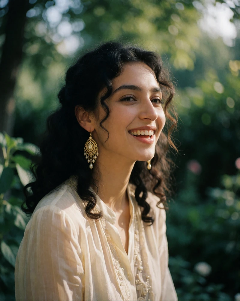 Tajik woman with dark curls and gold earrings laughing gently in a green garden setting