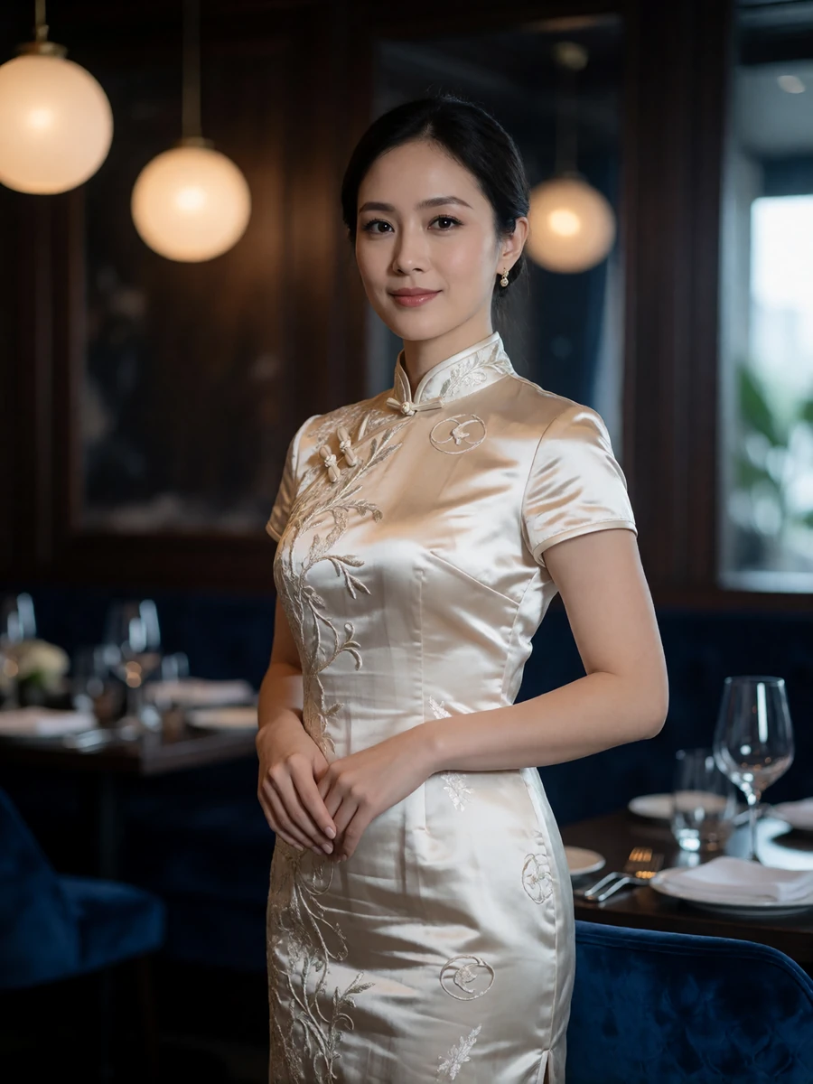 Elegant Singaporean woman in a champagne embroidered dress standing in a refined restaurant interior