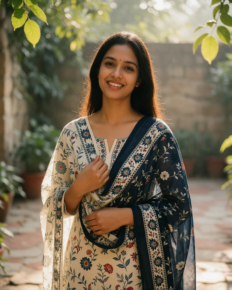 Smiling Bangladeshi woman in a floral-patterned salwar kameez standing in a sunlit courtyard