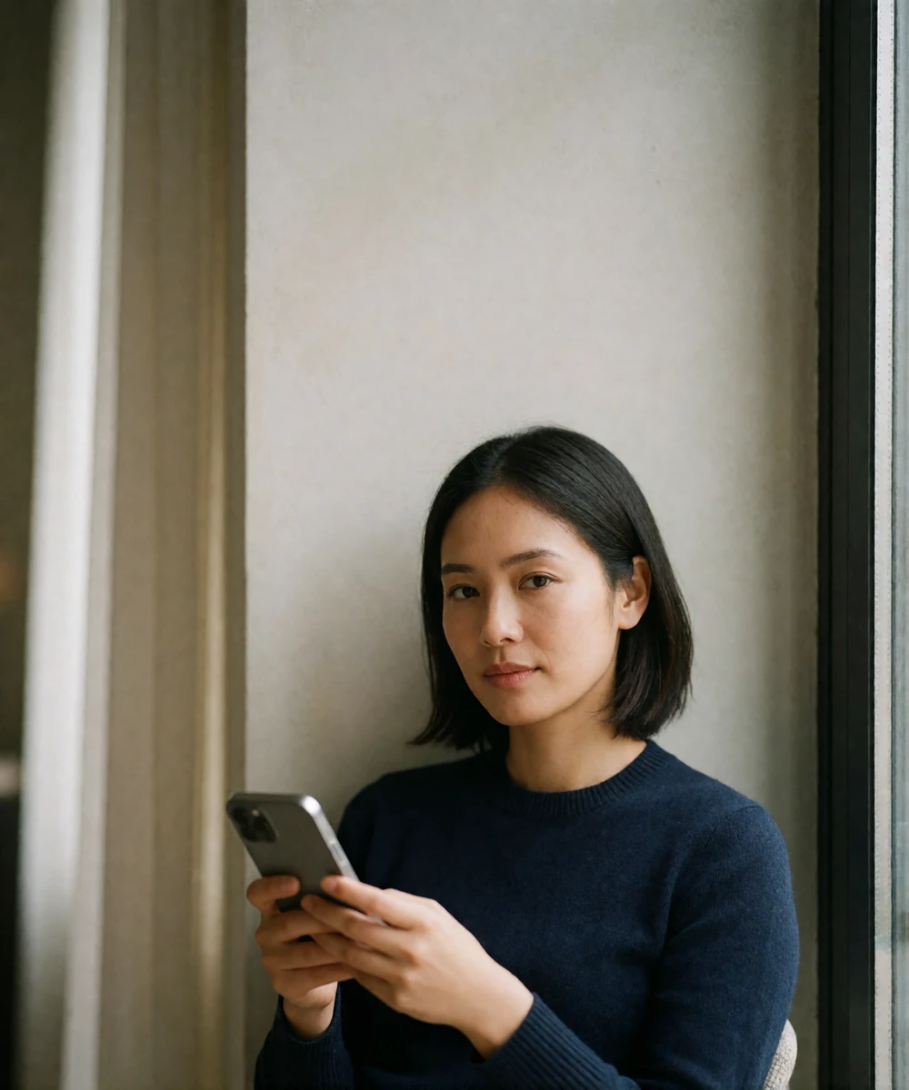 Southeast Asian woman in a navy knit top sitting by a window in a quiet apartment, holding a phone and looking calmly at the camera