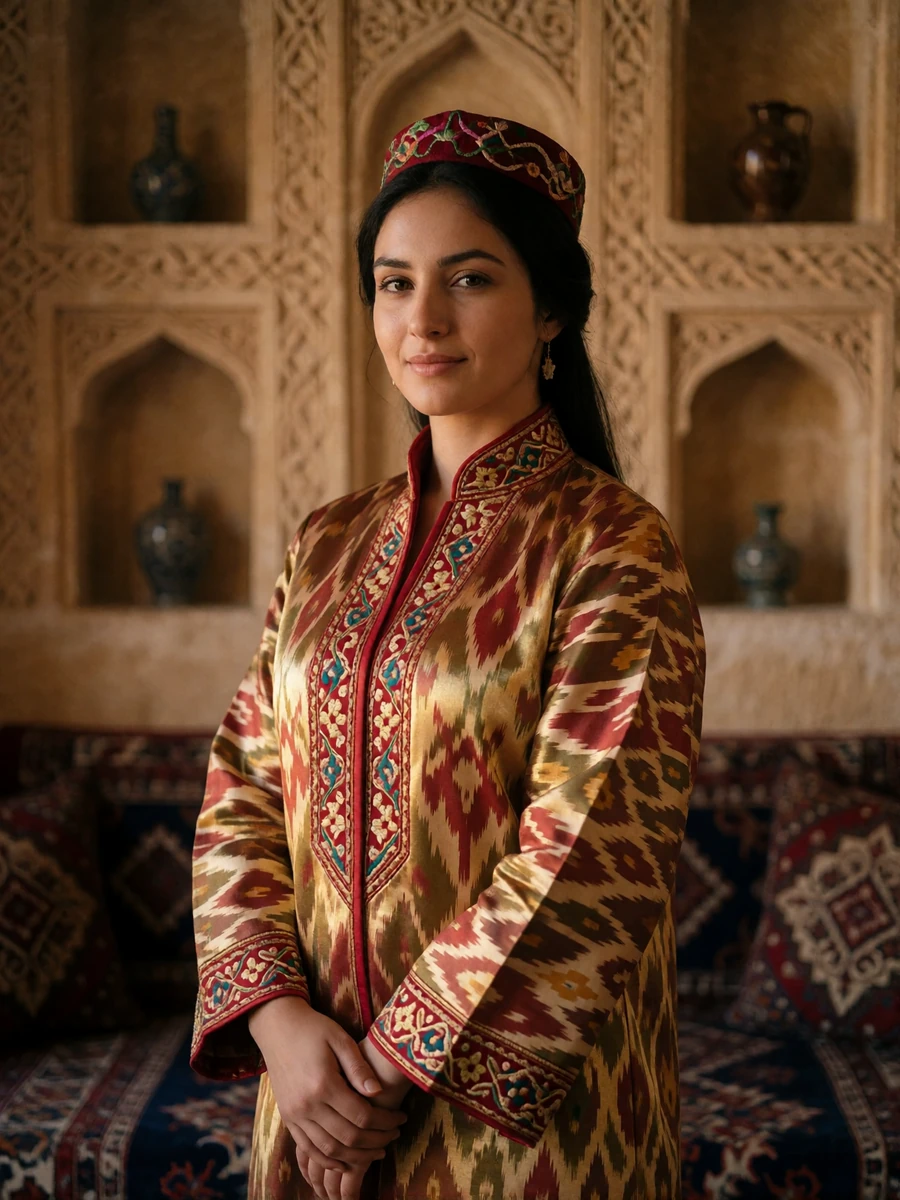 Elegant Uzbek woman in an ornate gold and crimson ikat robe with fine embroidery in a warmly lit traditional room