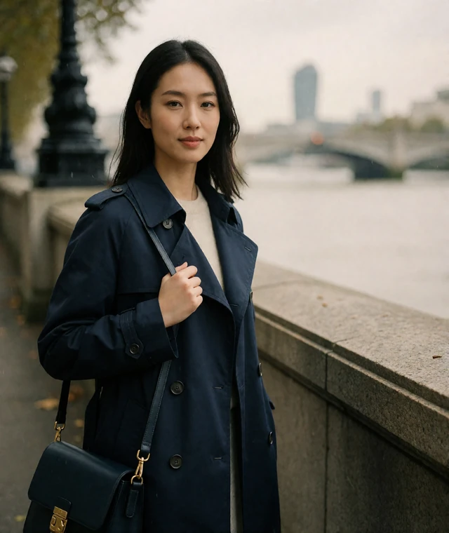 Poised Chinese woman in a navy trench coat on a London riverside walkway near the Thames