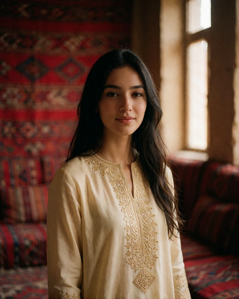 Young Turkmen woman with long dark hair and a soft smile standing in a warmly lit hall with blurred woven red textiles behind her