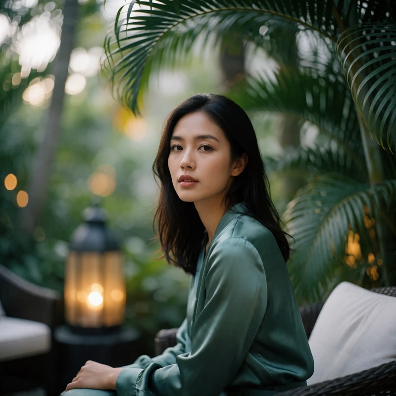 Thai woman seated thoughtfully in a tropical hotel garden wearing a muted emerald silk blouse