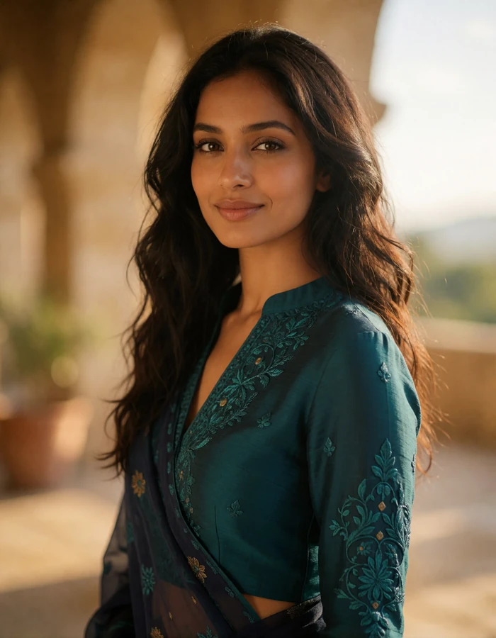 Indian woman in a deep teal embroidered blouse on a sunlit stone terrace
