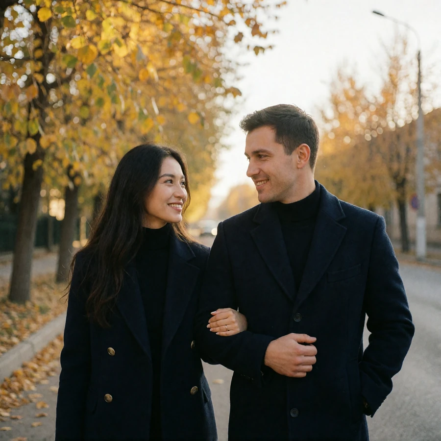 Kyrgyz woman with long dark hair walking arm in arm with a Western man along a quiet tree-lined street, both smiling