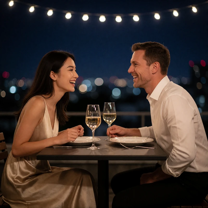 Taiwanese woman and a Western man seated close at a rooftop dinner table in the evening, turned toward each other mid-laugh