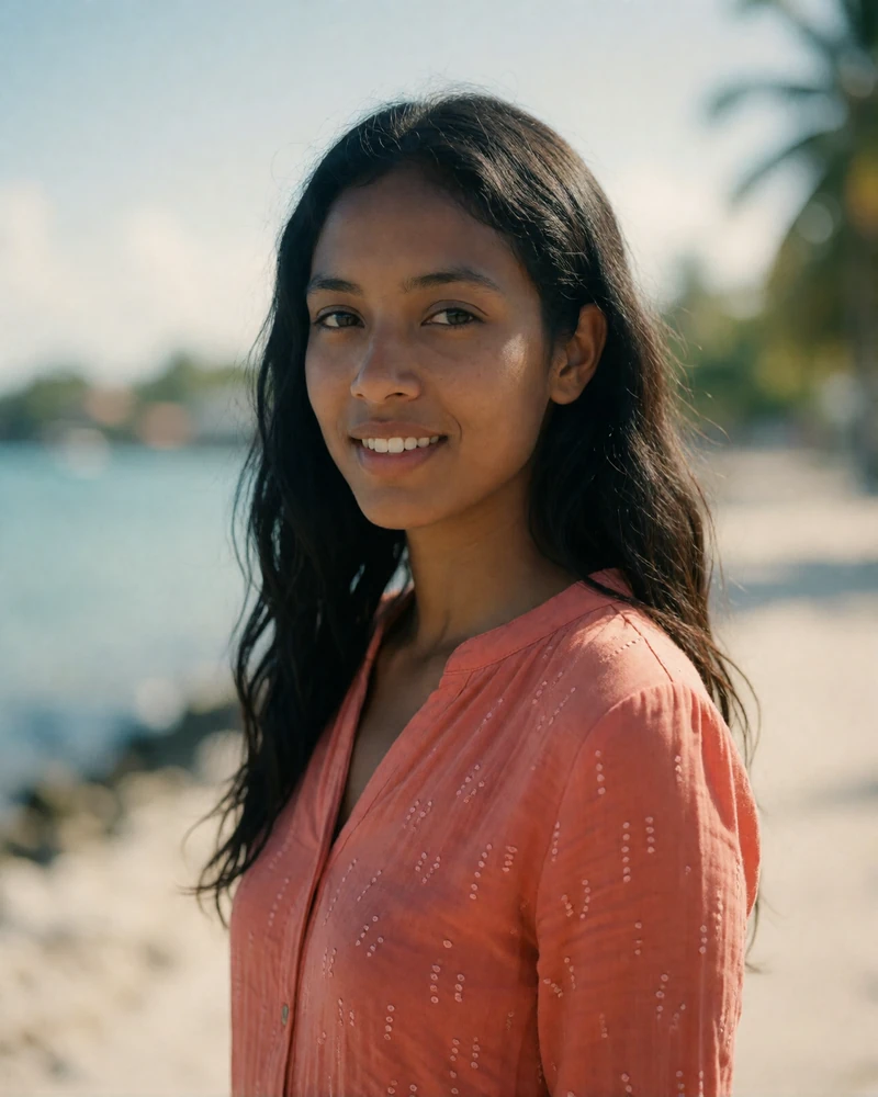 Timorese woman in her mid-twenties on a bright coastal promenade in Dili, smiling warmly at the camera