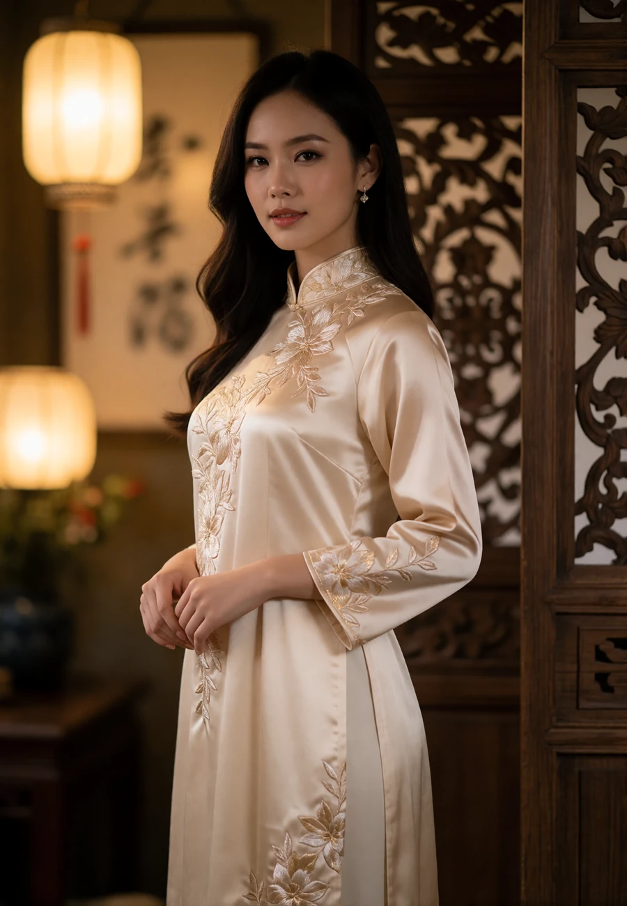 Vietnamese woman in a flowing ivory silk dress with champagne floral embroidery standing in a warm lantern-lit interior