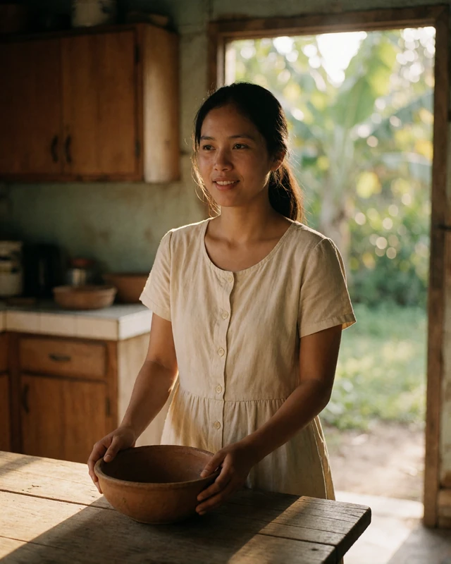 Filipino woman in a rural home kitchen resting her hands on a clay bowl at a wooden table