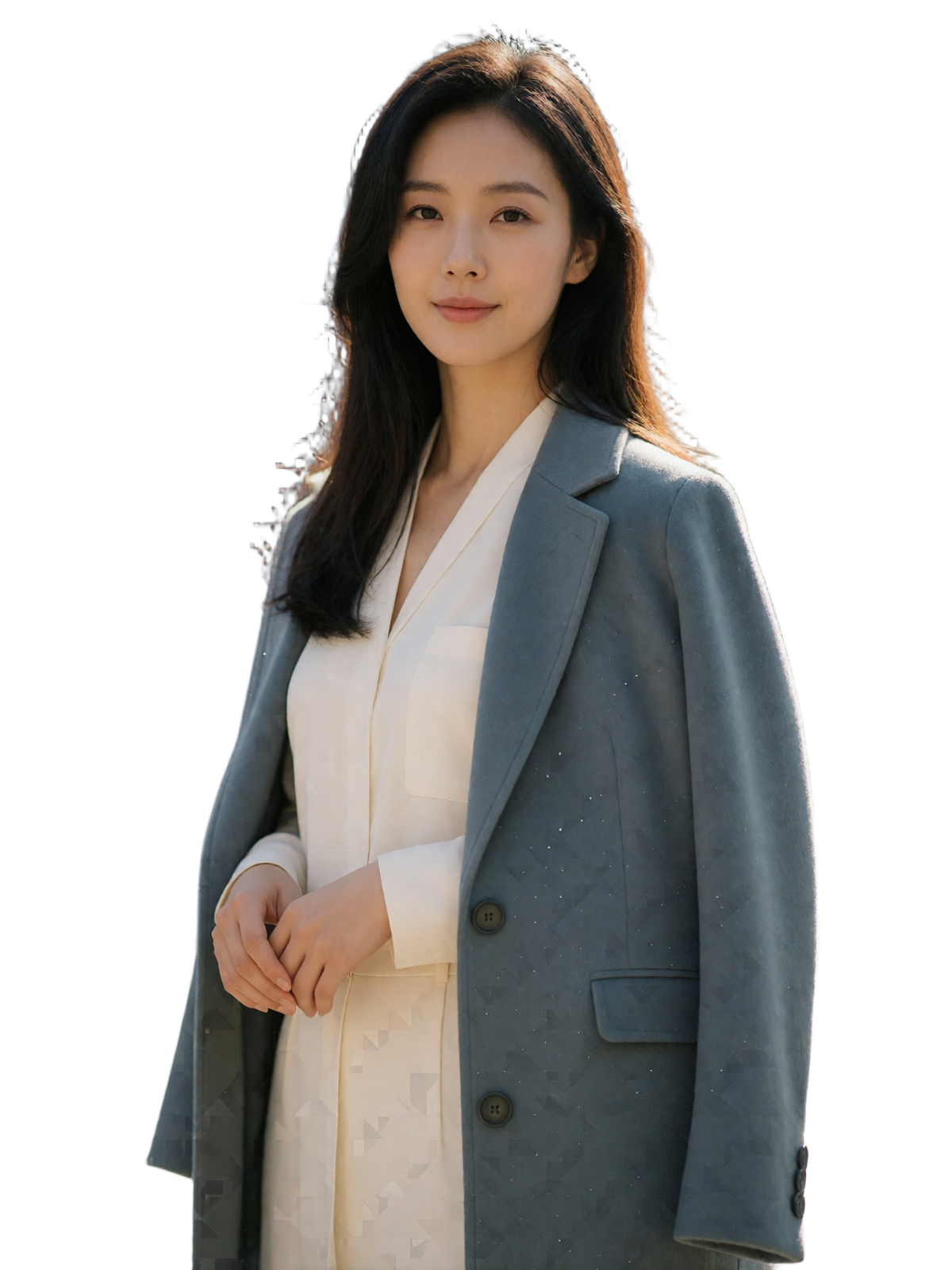 Composed Korean woman in her early thirties with long dark hair, wearing an ivory blouse under a soft slate-grey coat