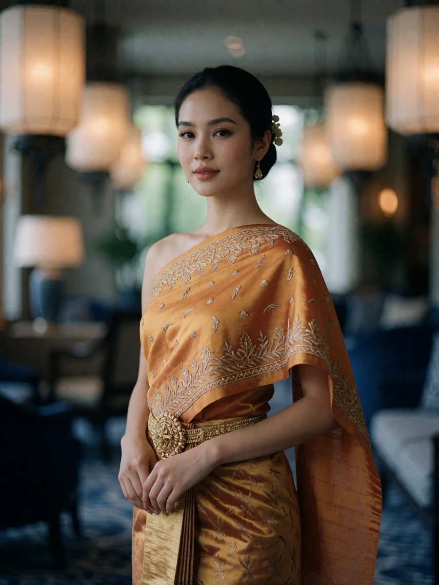 Poised Thai woman in traditional-inspired amber silk attire standing in a warmly lit hotel lobby