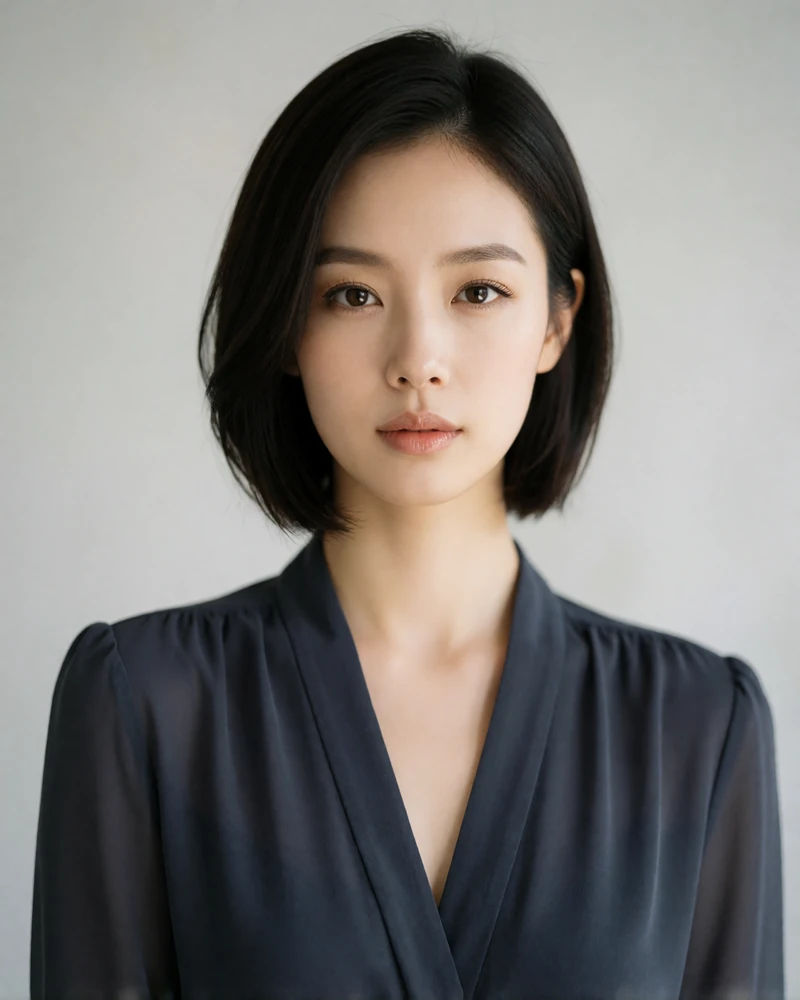 Poised Korean woman in her twenties with a short sleek bob, wearing a charcoal blouse against a soft grey studio backdrop
